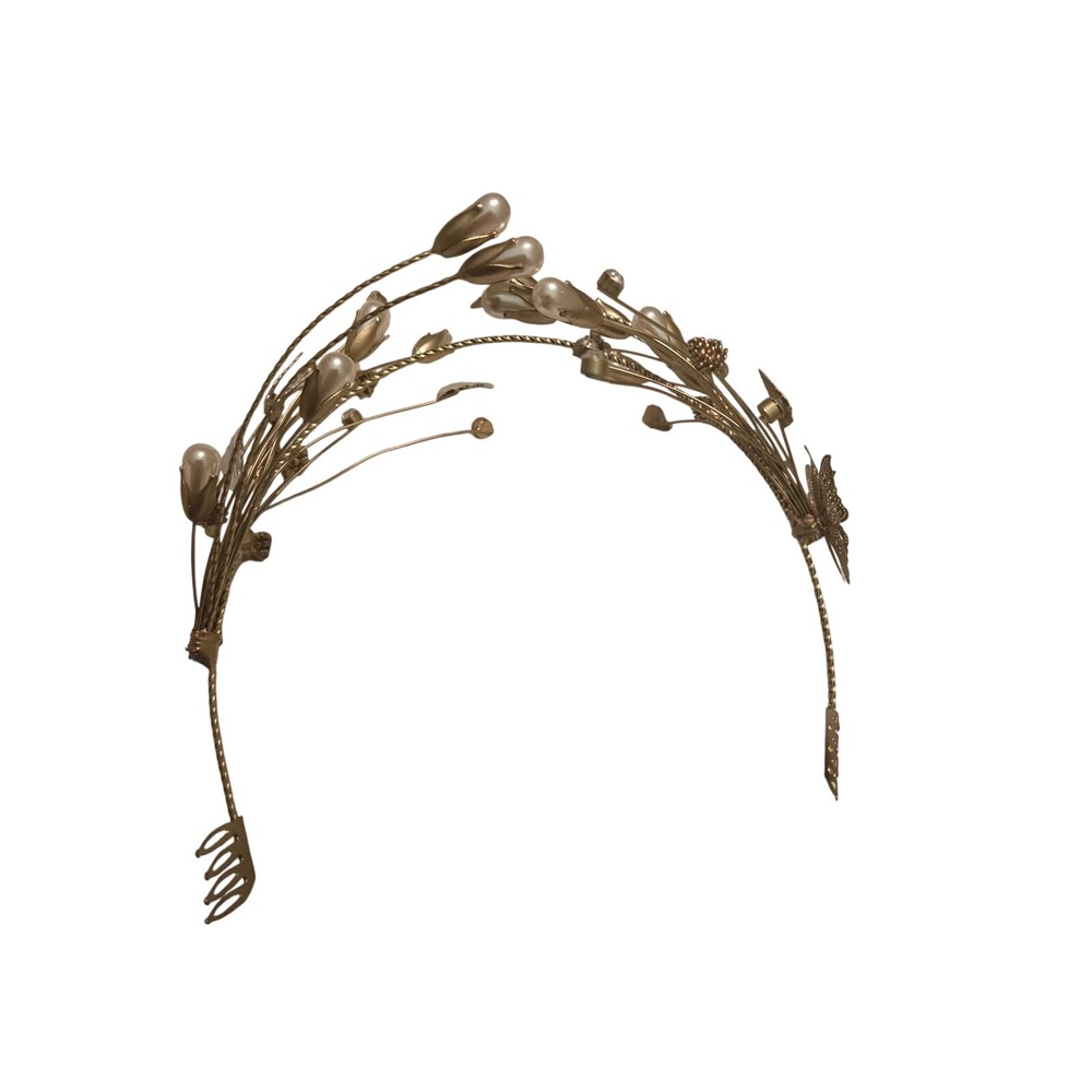 Gold Pearl Crystal Bridal Tiara Headband Floral Wedding Hair Accessory - Picture 4 of 4